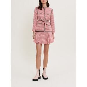 MAJE Venetia Jacket Pink Rose White Tweed Belted Blazer Ethnic Trim